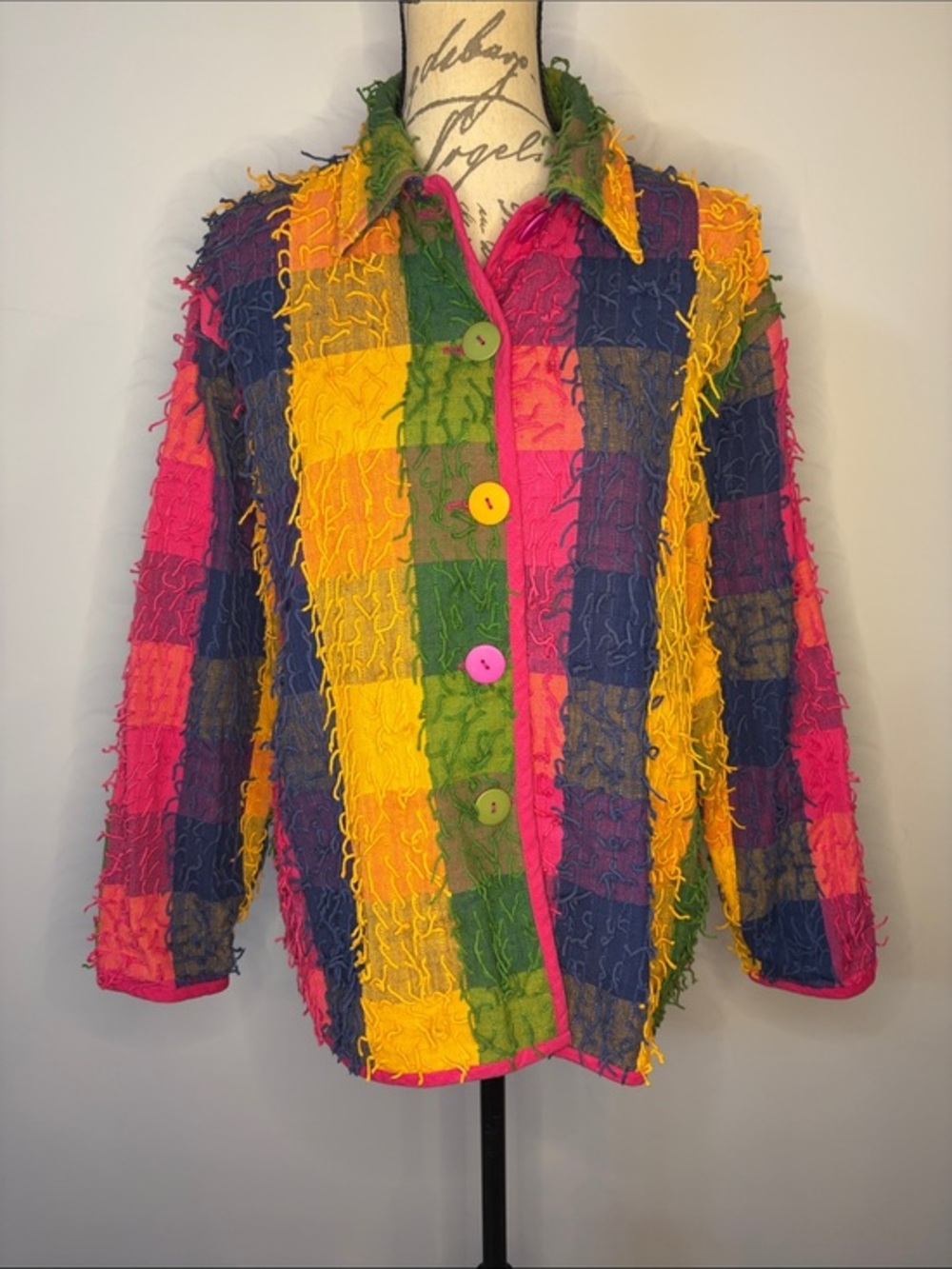 Vintage Keren Hart 100% cotton button front colorblock whimsy ‘shag’ jacket M